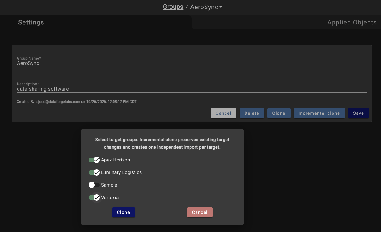 The Incremental clone dialog on a group's Settings page with three target groups selected
