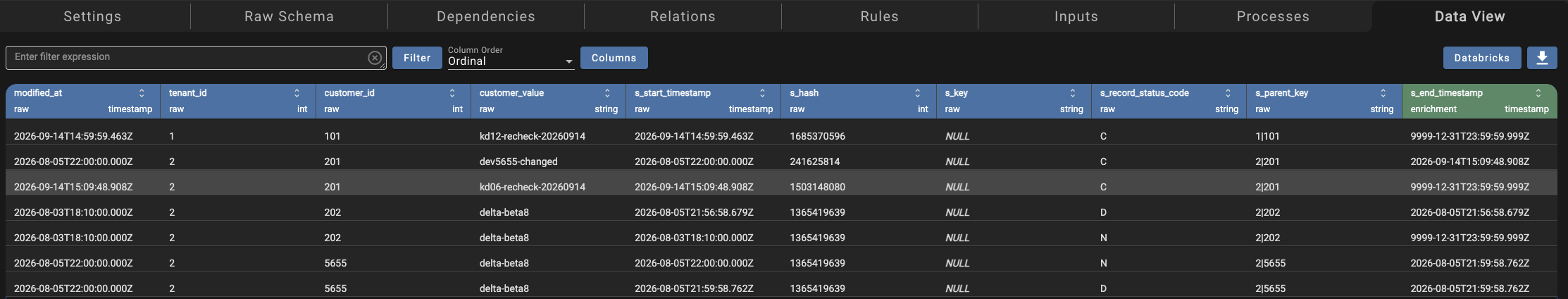 A history source's Data View showing several versions of each key, with each version's s_end_timestamp matching the next version's s_start_timestamp