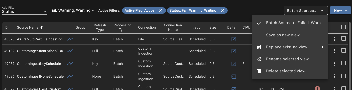 The Sources page filtered on several statuses, with the saved views menu open